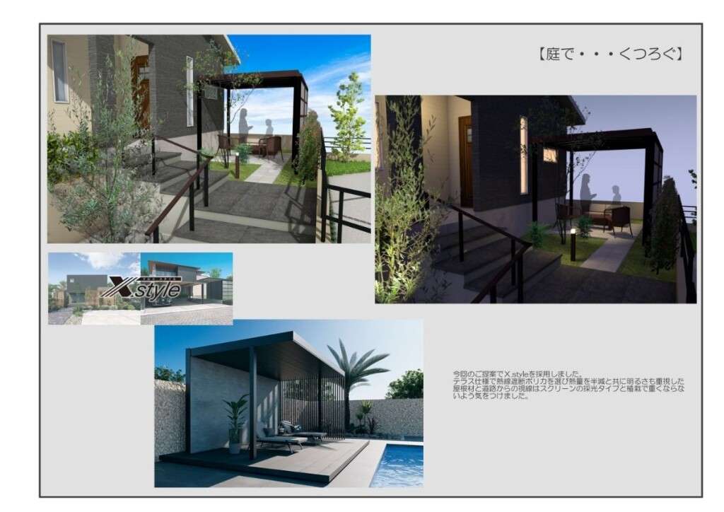 X.styleテラスと植栽で囲まれたフリーガーデンの夜景パース