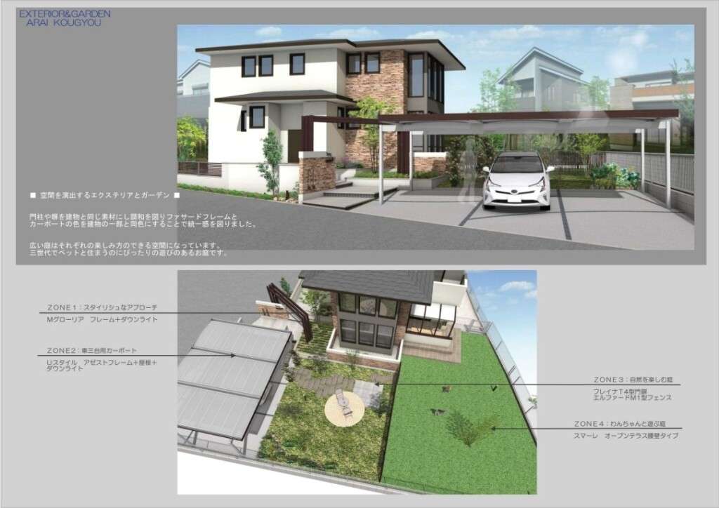 門柱とカーポートを建物と調和させたファサードデザイン。広い敷地を4つのゾーンに分けた外構プラン全体の鳥瞰パース。