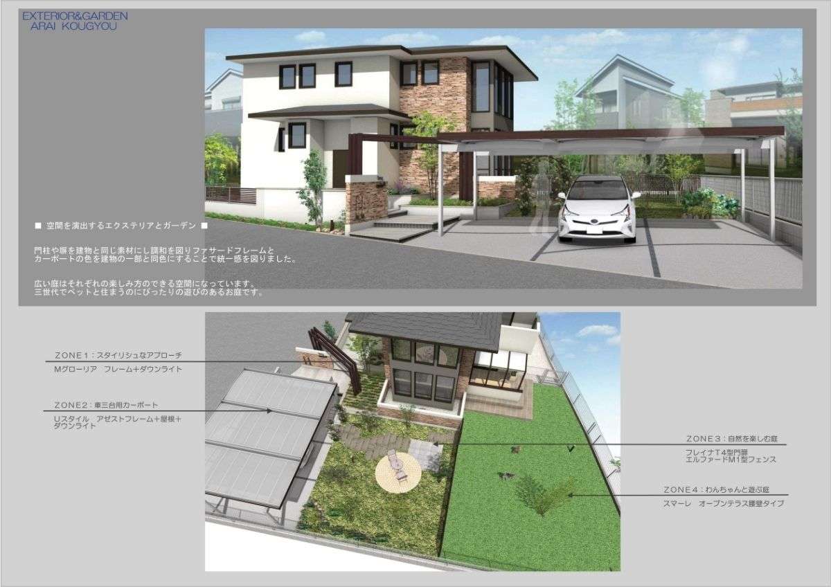 門柱とカーポートを建物と調和させたファサードデザイン。広い敷地を4つのゾーンに分けた外構プラン全体の鳥瞰パース。