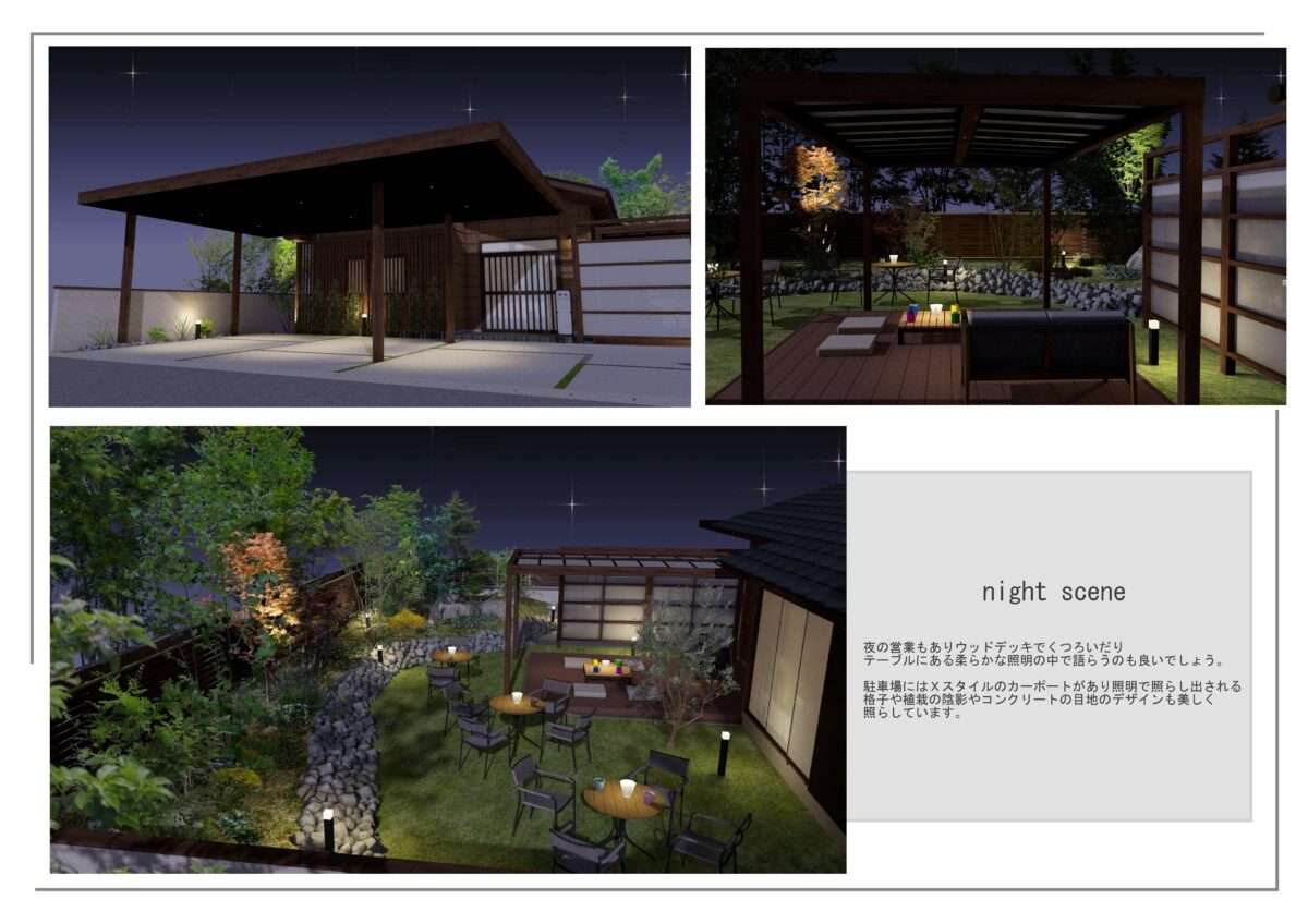 夜間照明で美しく照らされた駐車場とガーデンスペース