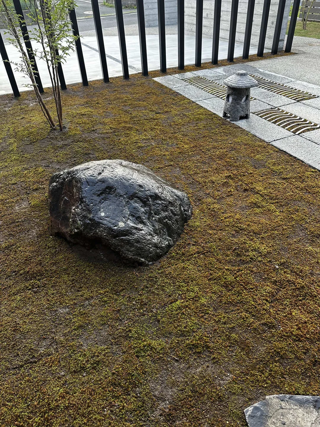 玄関まわりの中庭全景。苔と自然石が和モダンの落ち着いた雰囲気を醸し出す