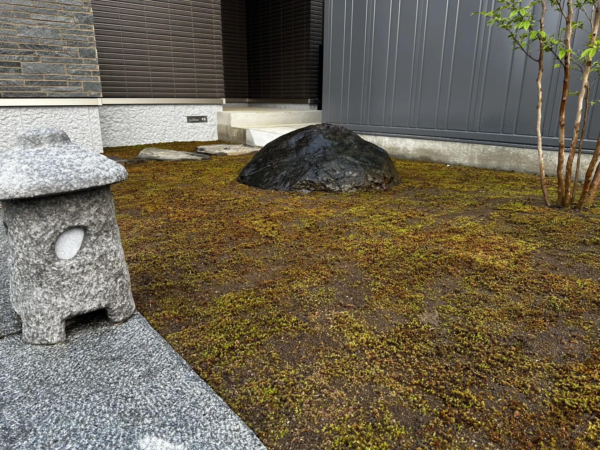庭コーナーに配した苔と自然石のクローズアップ。和の情緒を加える素材使い
