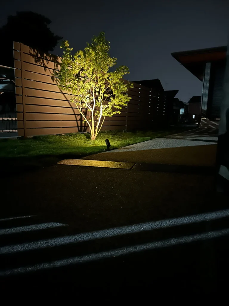   シンボルツリーと植栽を照らすライティング。アオダモの枝影が夜の外構に柔らかな動きを添える